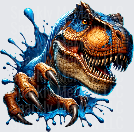 Roaring T-Rex Dinosaur with Blue Water Splash Effects UV DTF Decal