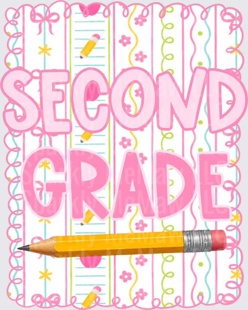 Second Grade Back to School Pink Typography with Pencil DTF Transfer for Fabric