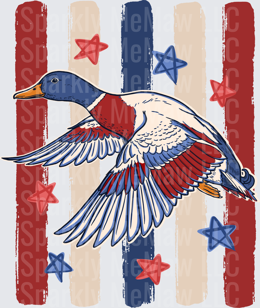 Patriotic Flying Duck with Red White Blue Stripes and Stars UV DTF Decal