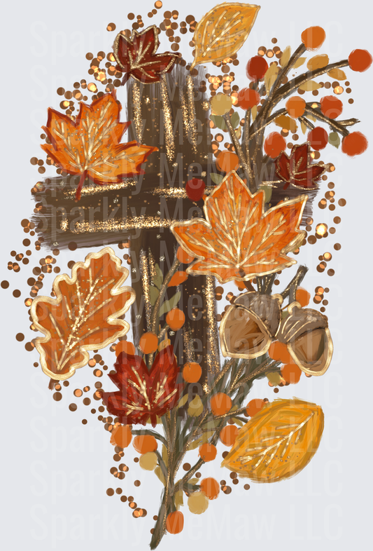 UV DTF Decal Fall Autumn Christian Cross with Gold Glitter Maple Leaves Acorns and Berries