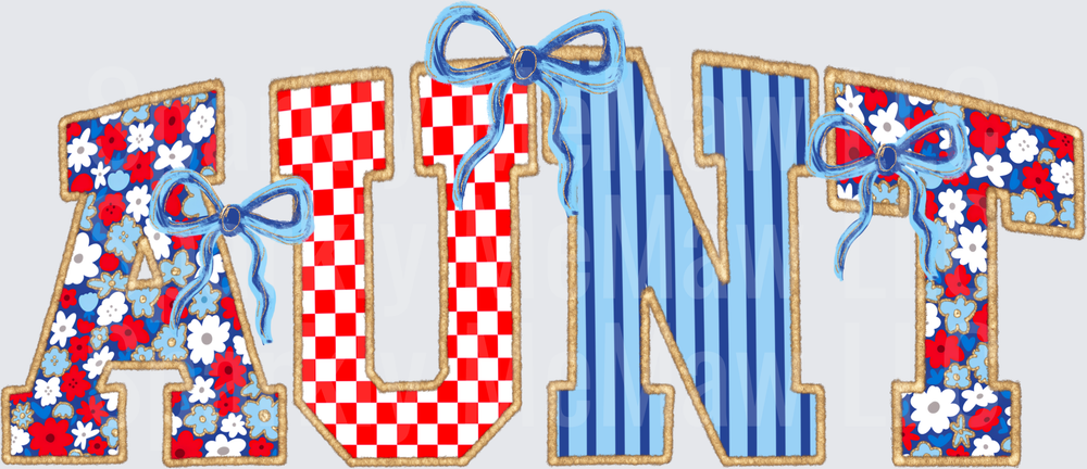 AUNT Letters with Red White Blue Patriotic Floral Pattern and Ribbon Bows UV DTF Decal