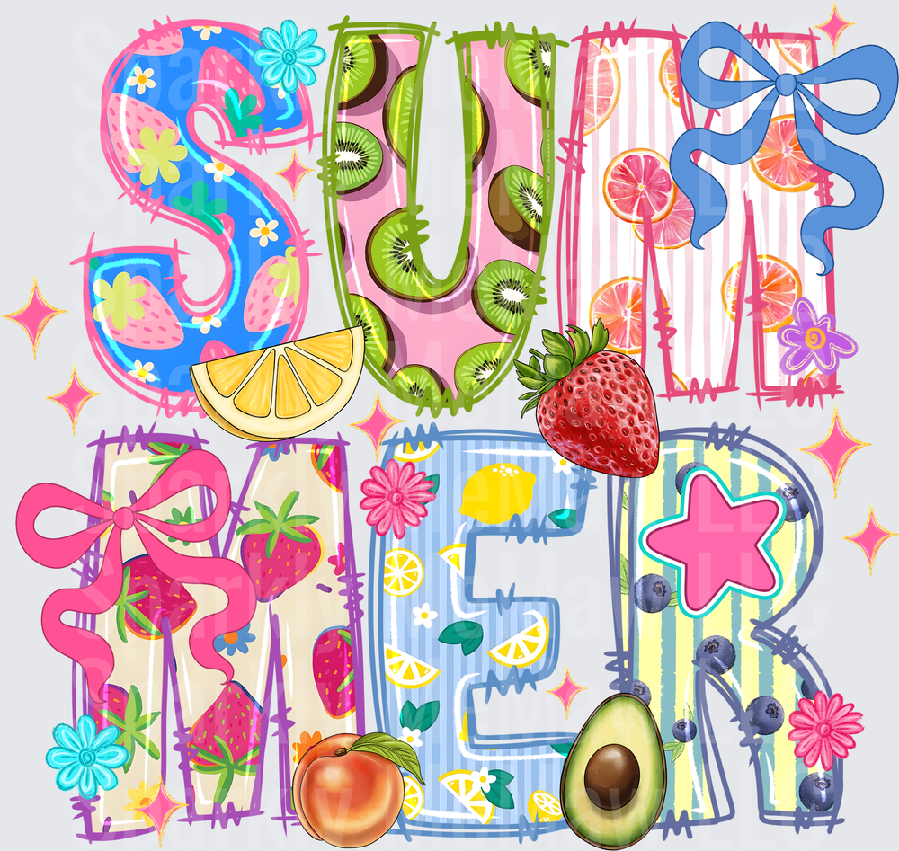 Colorful Summer Fruit Letter Design with Strawberries Kiwi Lemon Avocado Blueberries and Bows UV DTF Decal