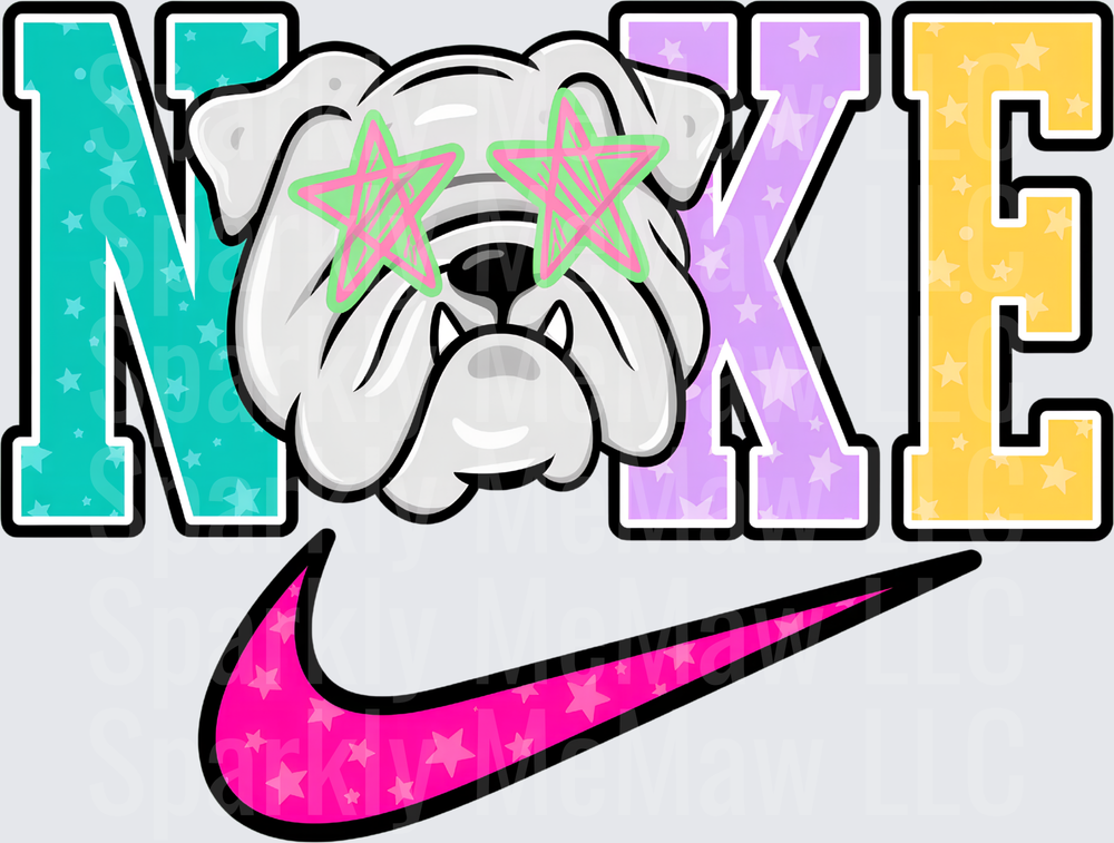 Pastel Star Letters Bulldog with Pink Star Sunglasses and Swoosh DTF Transfer for Fabrics