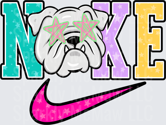 Pastel Star Letters Bulldog with Pink Star Sunglasses and Swoosh DTF Transfer for Fabrics