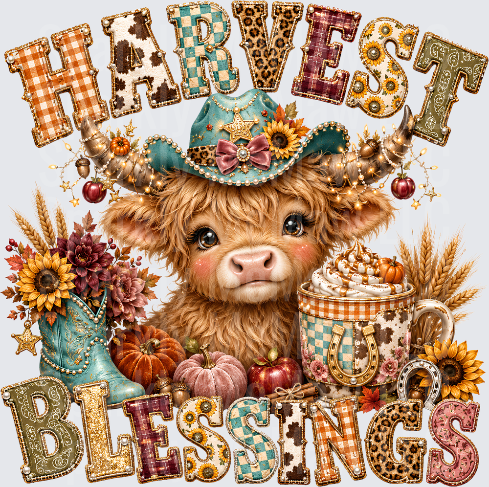 Harvest Blessings Highland Cow DTF Transfer for fabrics