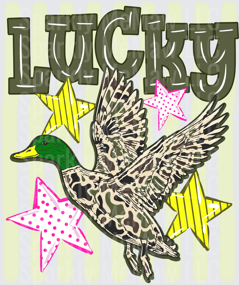 Lucky Flying Duck with Pink and Yellow Stars DTF Transfer for Fabric