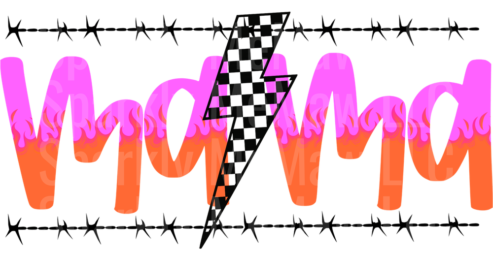 Racing Mom Lightning Bolt Checkered Flag Pink Orange Flames UV DTF Decal