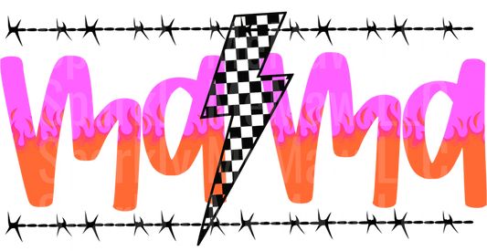 Racing Mom Lightning Bolt Checkered Flag Pink Orange Flames UV DTF Decal