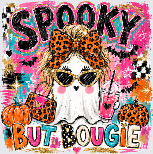 Spooky But Bougie Halloween Ghost Messy Bun Leopard Bow Sunglasses Bats Pumpkins DTF Transfer for Fabrics