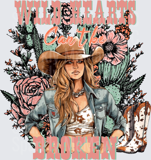 Wild Hearts Can't Be Broken Cowgirl with Desert Flowers and Boots UV DTF Decal