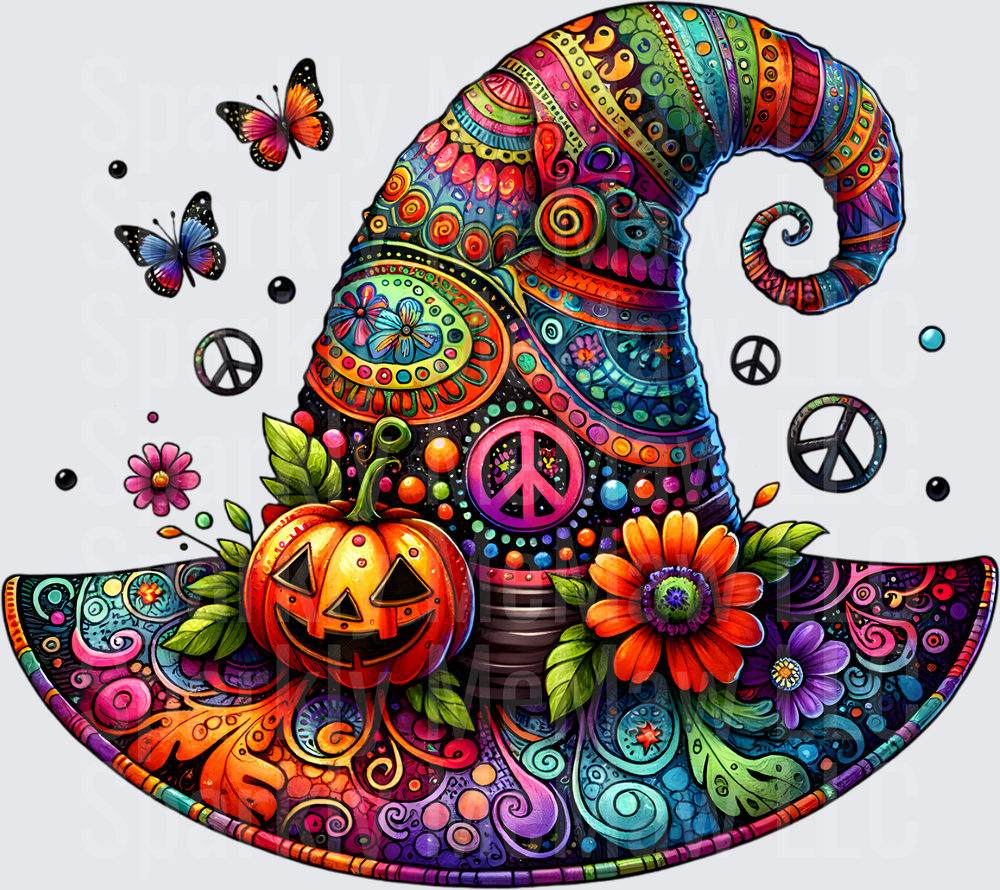 Psychedelic Halloween Witch Hat with Peace Signs Butterflies and Pumpkin DTF Transfer for Fabric