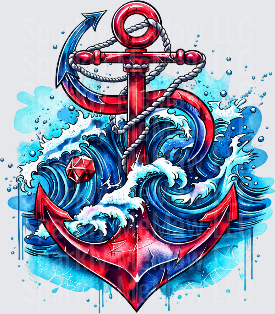 Bold Red Anchor Ocean Waves DTF Transfer for Fabrics