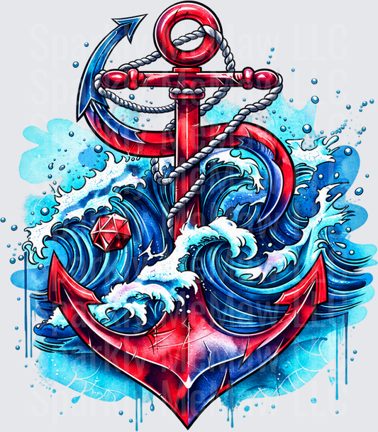 Bold Red Anchor Ocean Waves DTF Transfer for Fabrics