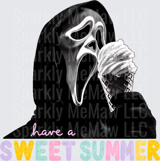 Ghostface Scream Mask Holding Ice Cream Cone Have a Sweet Summer Pastel Letters DTF Transfer for Fabrics