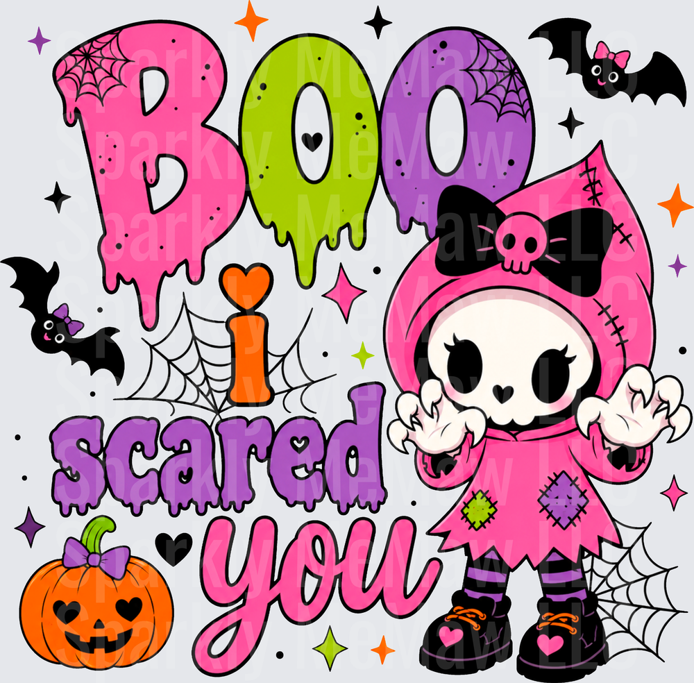 Boo I Scared You Cute Skeleton Girl Halloween Drip Text with Bats and Jack-o-Lantern DTF Transfer for fabrics