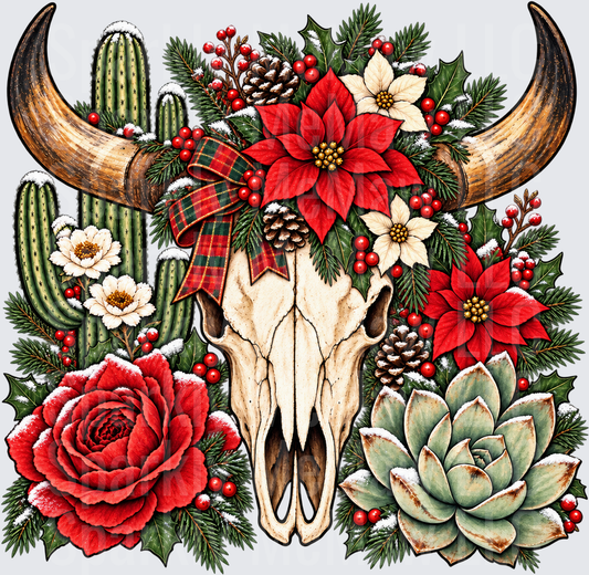 Western Christmas Skull Floral Boho is a DTF Transfer for Fabrics