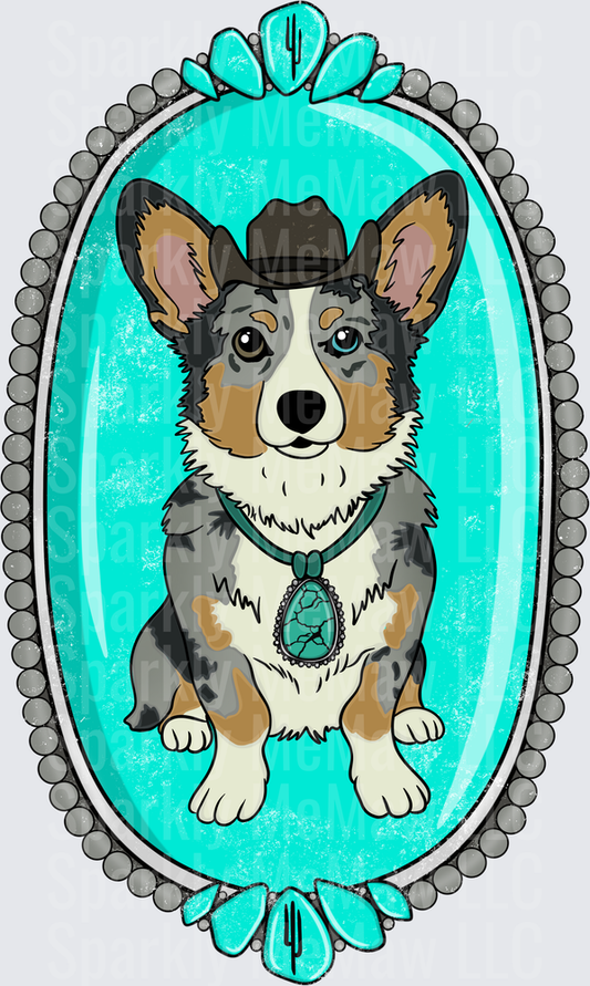 Cowboy Corgi Dog in Ornate Turquoise Victorian Frame with Turquoise Pendant