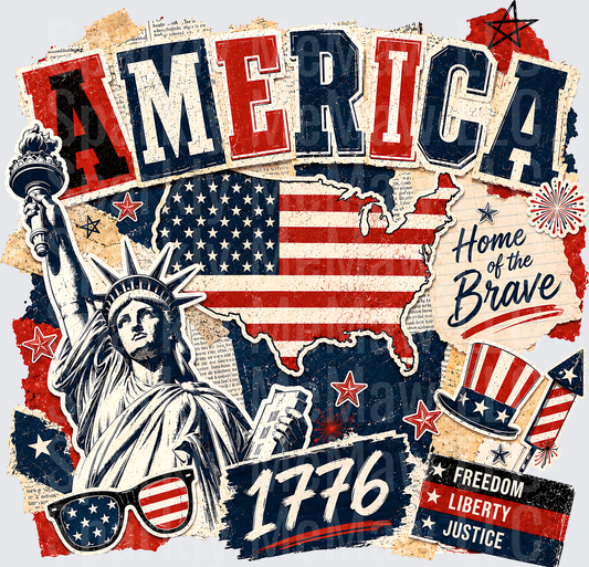 America Home of the Brave Patriotic Collage with Statue of Liberty Flag Map and 1776 DTF Transfer for Fabric