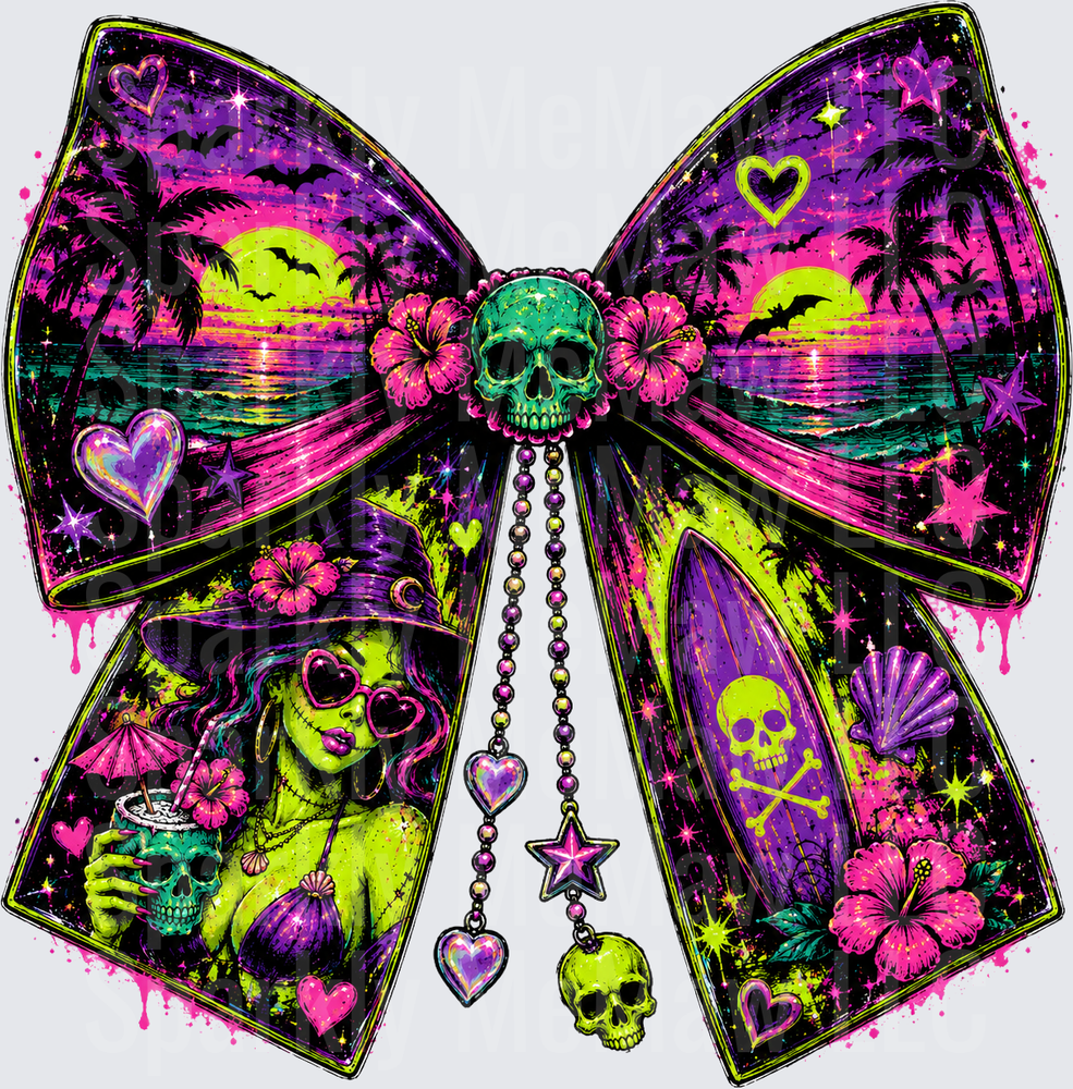 Neon Gothic Bow Tie with Tropical Skull Scenes and Pin-Up Girl UV DTF Decal