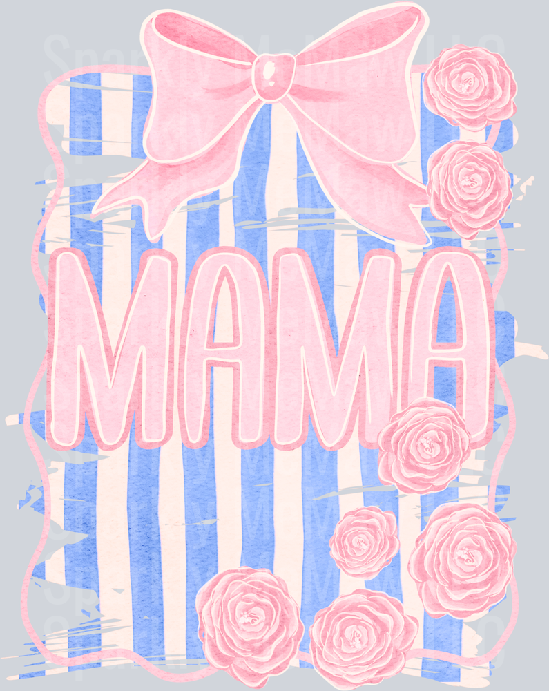 Mama with Pink Bow and Roses on Blue Stripes UV DTF Decal