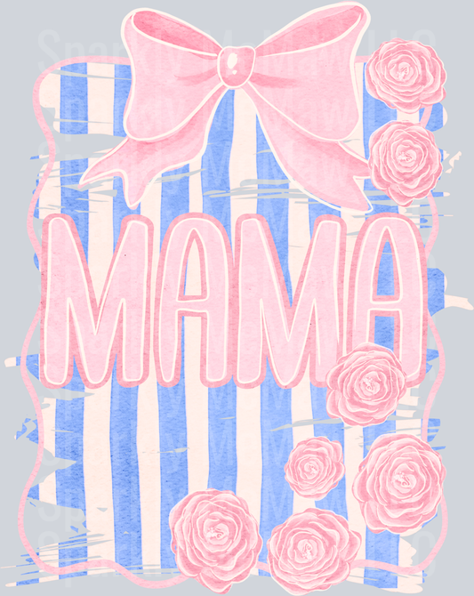Mama with Pink Bow and Roses on Blue Stripes UV DTF Decal