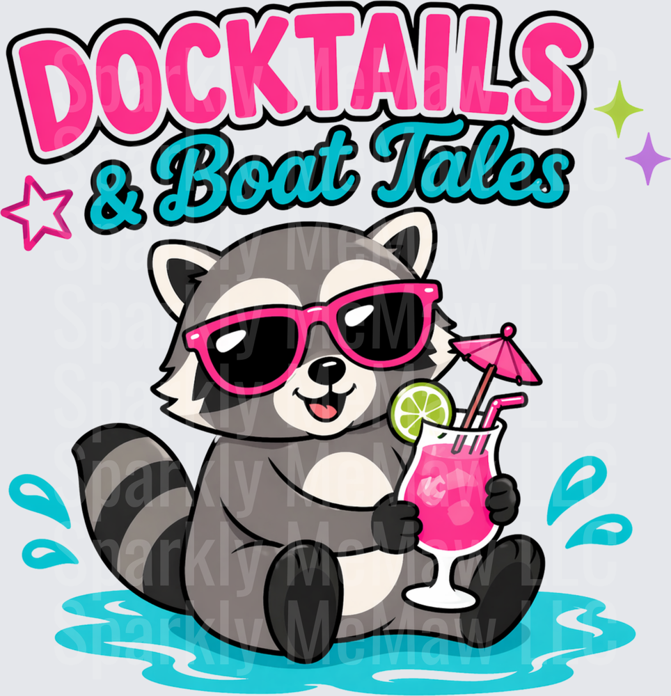 Docktails and Boat Tales Raccoon with Pink Sunglasses and Tropical Drink DTF Transfer for Fabric