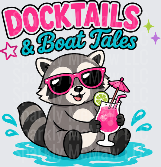 Docktails and Boat Tales Raccoon with Pink Sunglasses and Tropical Drink DTF Transfer for Fabric