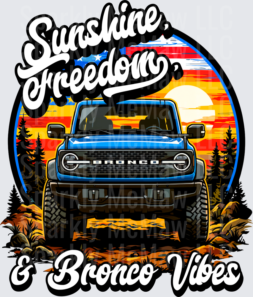 Sunshine Freedom & Bronco Vibes Blue Ford Bronco Sunset Scene UV DTF Decal