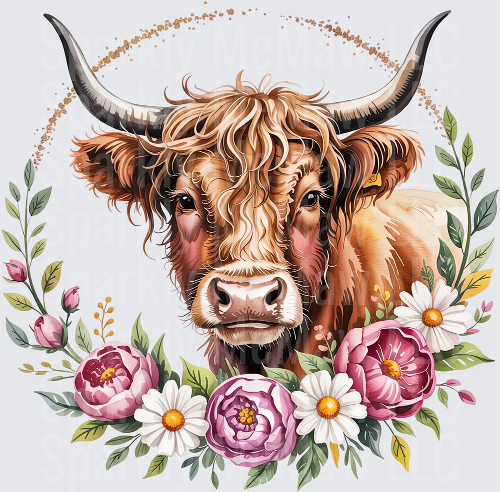 Highland Cow with Shaggy Hair and Pink Floral Wreath