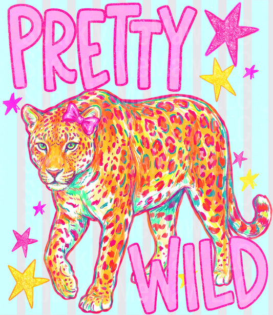 Pretty Wild Colorful Leopard with Pink Bow and Stars on Striped Background DTF Transfer for Fabrics