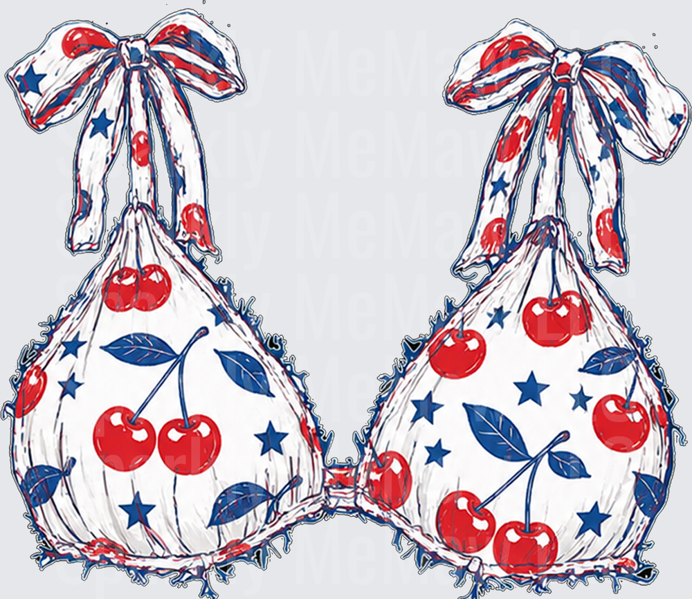 Patriotic Cherry Print Bikini Top with Red White Blue Stars DTF Transfer for Fabric