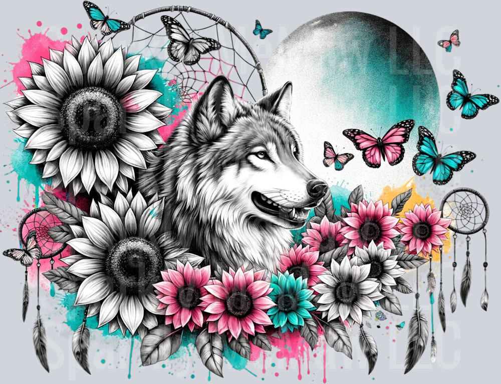 Wolf With Sunflowers and Dreamcatchers UV DTF XL Decal