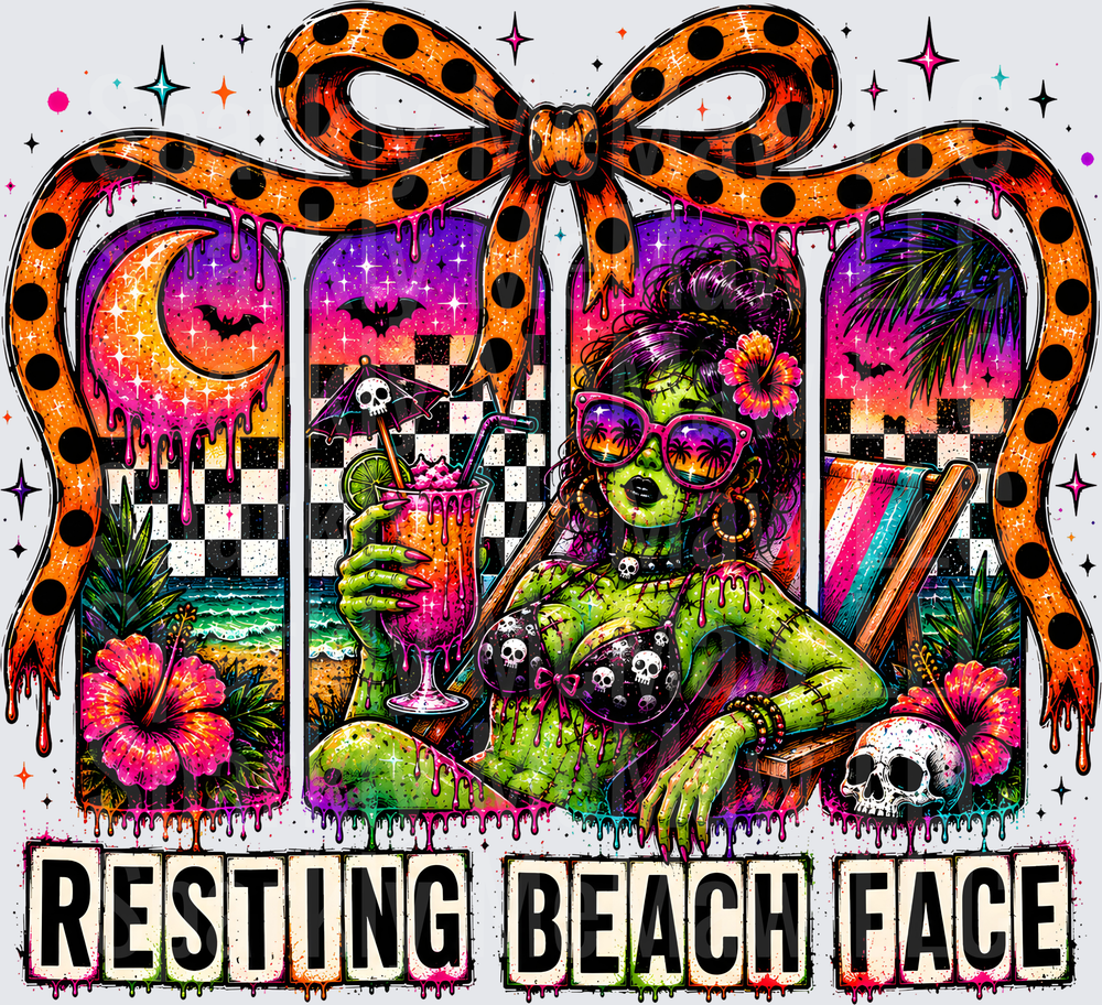 Zombie Pin-Up Girl Resting Beach Face Halloween DTF Transfer for Fabric