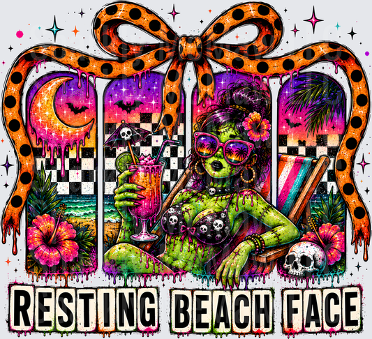 Zombie Pin-Up Girl Resting Beach Face Halloween DTF Transfer for Fabric