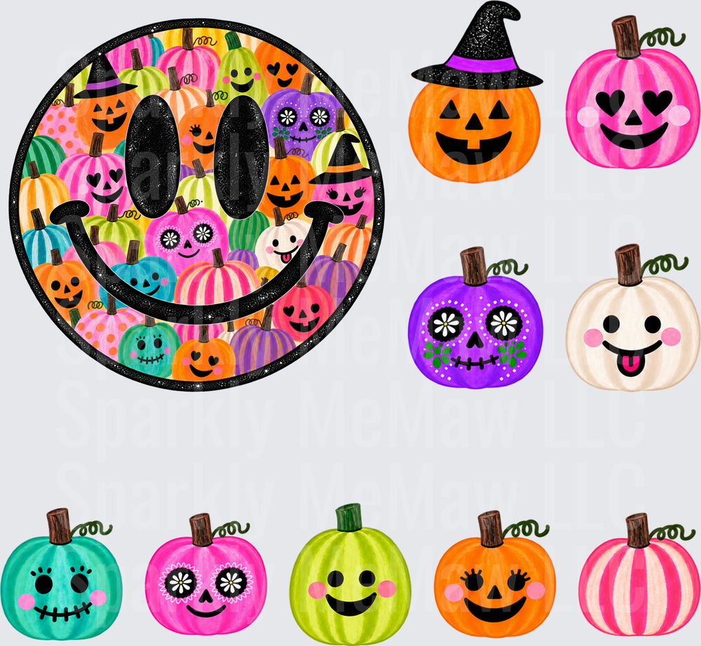 Colorful Halloween Pumpkin Smiley Face is a 10x10 UV DTF Cut and Stick Element Sheet