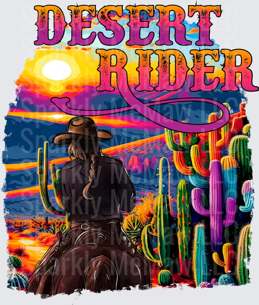 Desert Rider Cowboy with Psychedelic Rainbow Cactus Sunset UV DTF Decal