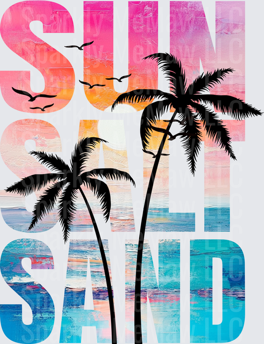 Tropical Beach Sunset Palm Trees Flying Birds Sun Sand Vibes DTF Transfer for Fabric