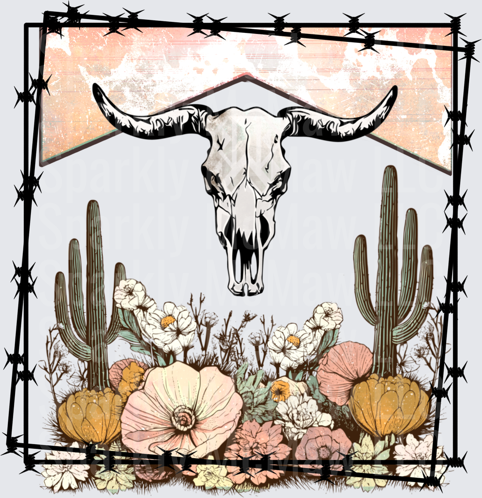 Desert Bull Skull with Saguaro Cacti and Wildflowers Barbed Wire Border UV DTF Decal
