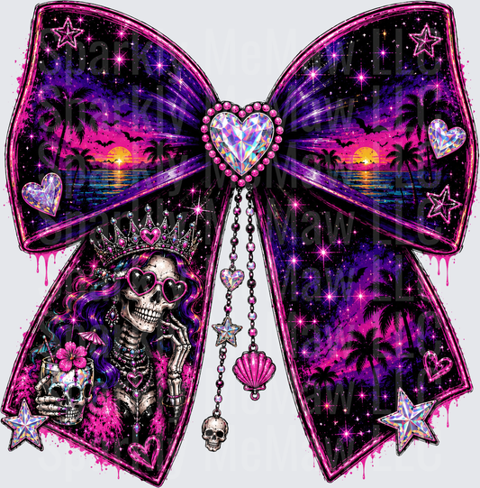 Gothic Princess Skull with Crown in Cosmic Bow UV DTF Decal featuring Tropical Sunset Palm Trees and Sparkling Stars