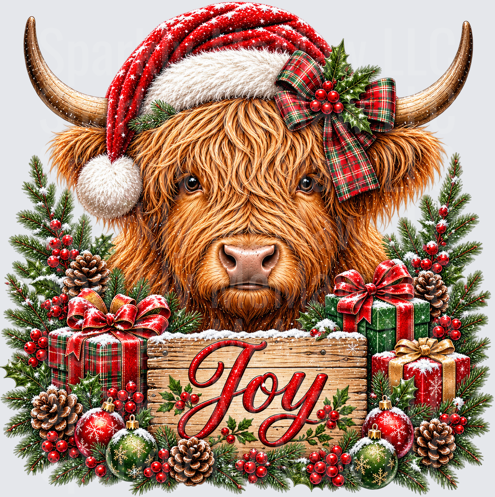 Fluffy Highland Cow Christmas Joy UV DTF Decal
