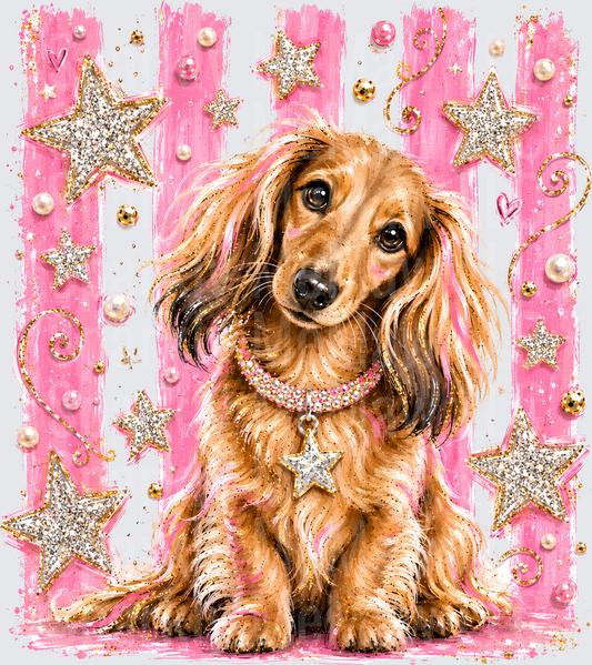 Glamorous Long-Haired Dachshund with Pink Rhinestone Star Collar Glitter Stars Pearls DTF Transfer for Fabrics