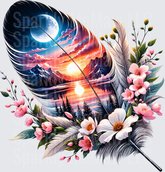 Feather Landscape Moon Floral UV DTF Decal