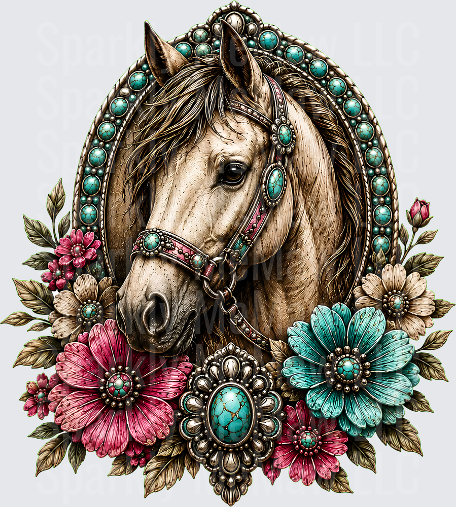Turquoise Jeweled Horse Floral UV DTF Decal