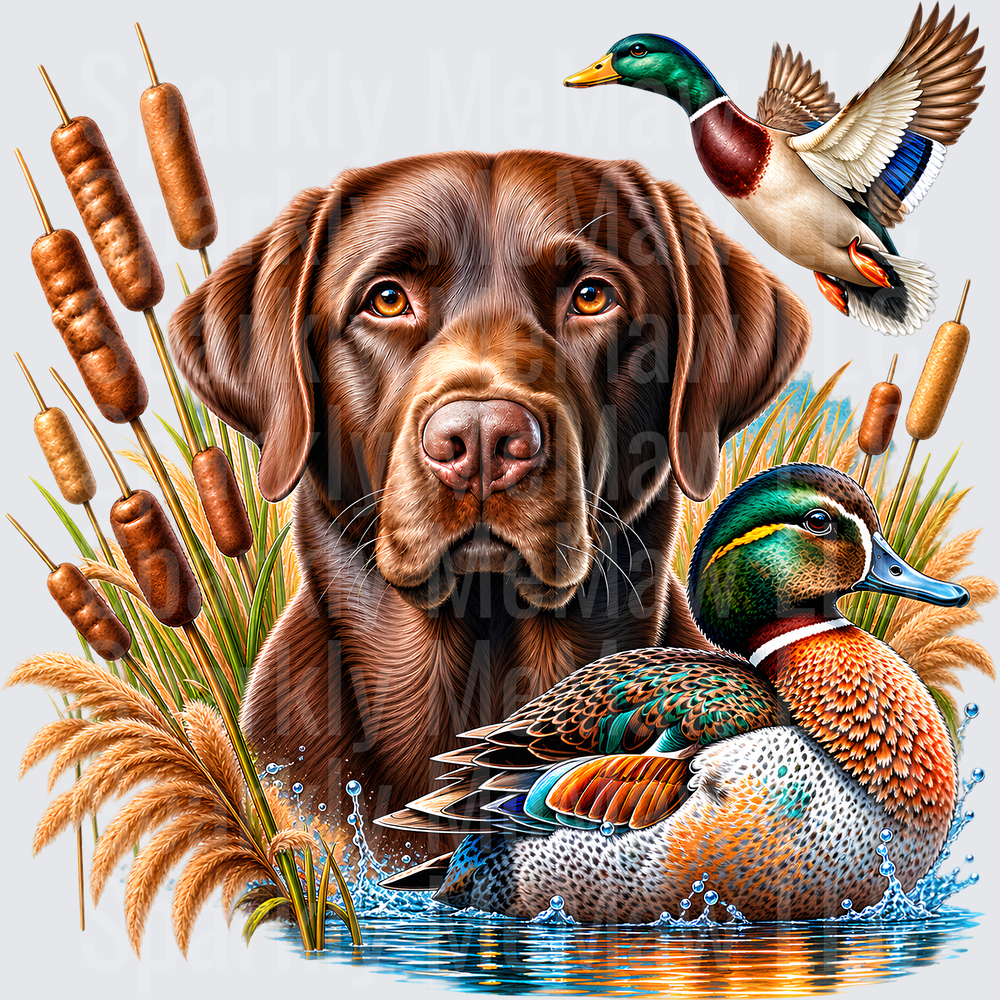 Chocolate Lab Mallard Duck Scene is a UV Decal Decal