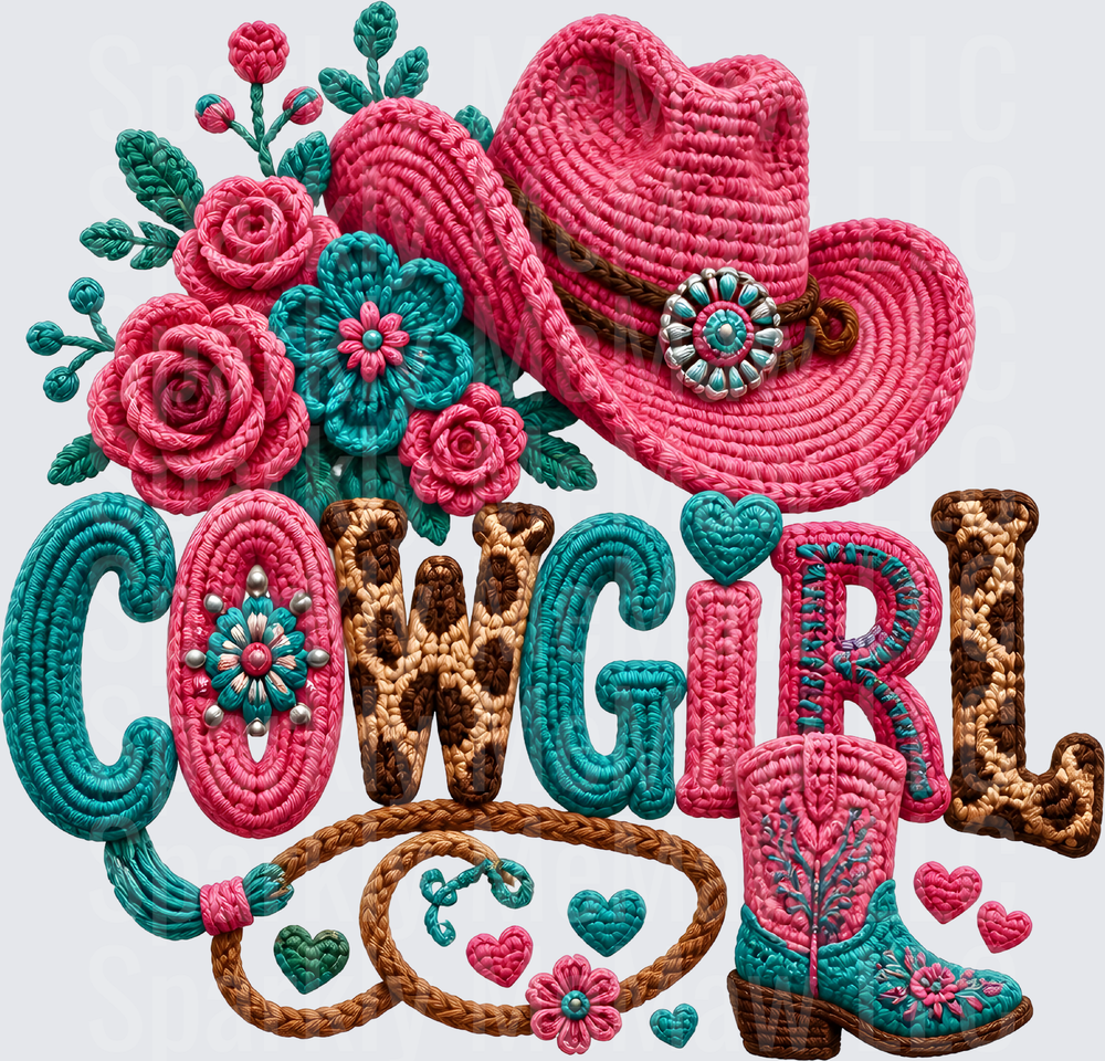 Cowgirl Crochet Embroidery Style Pink Hat Boots Floral Lasso Hearts UV DTF Decal