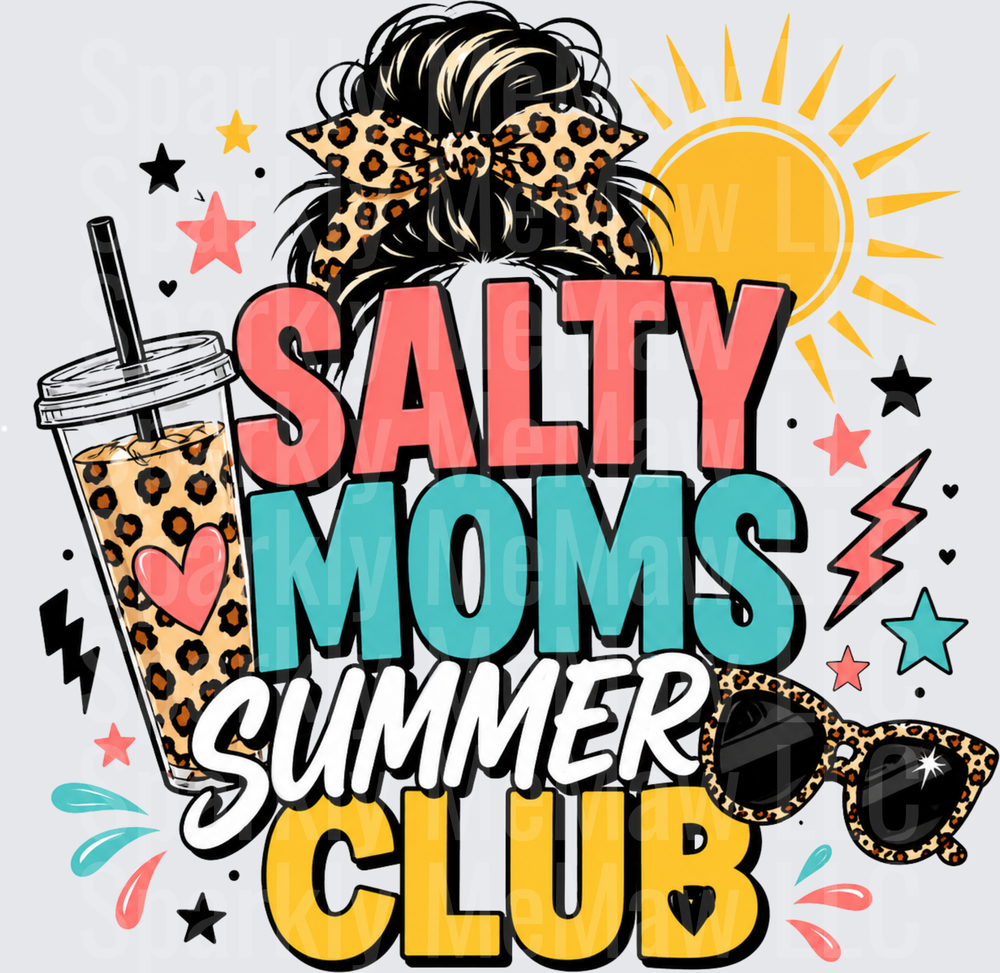 Salty Moms Summer Club DTF Transfer with Leopard Print Messy Bun and Sunglasses Design