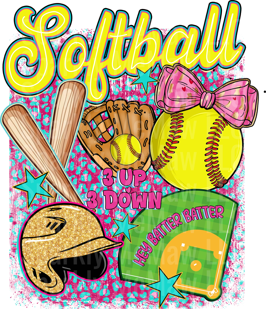 Softball 3 Up 3 Down Hey Batter Batter with Pink Bow and Glitter Helmet UV DTF Decal