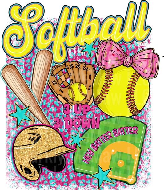 Softball 3 Up 3 Down Hey Batter Batter with Pink Bow and Glitter Helmet UV DTF Decal