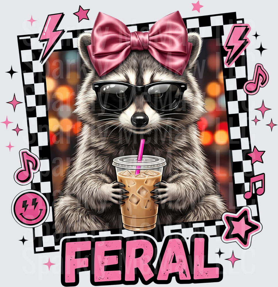 Feral Raccoon with Pink Bow Sunglasses and Iced Coffee UV DTF Decal