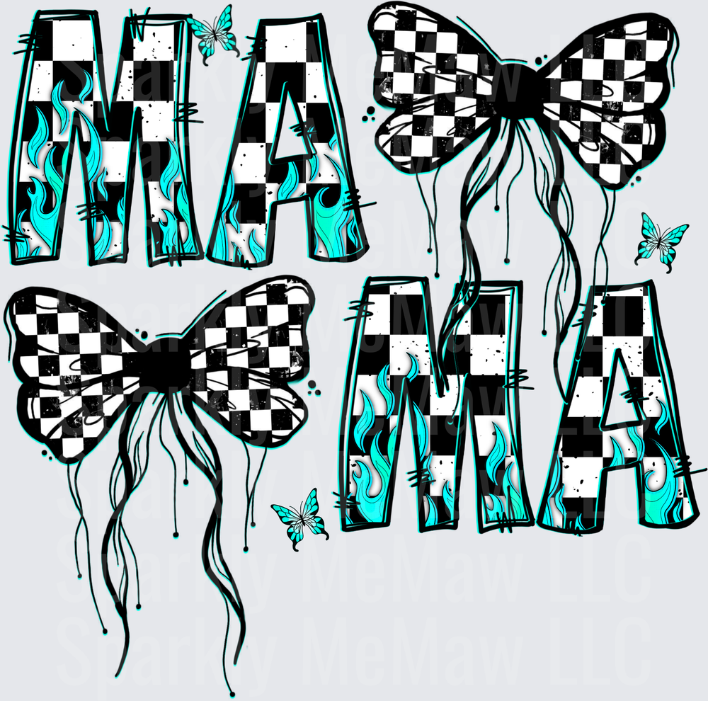 Mama Checkered Pattern Butterflies with Turquoise Flames
